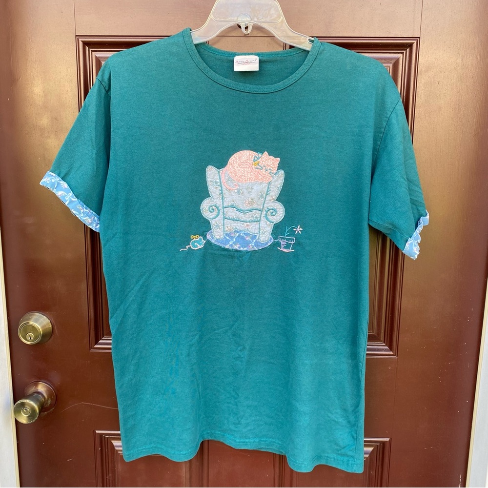 EUC L vintage quilt cat shirt quilted teal Bobbie brooks collection vtg